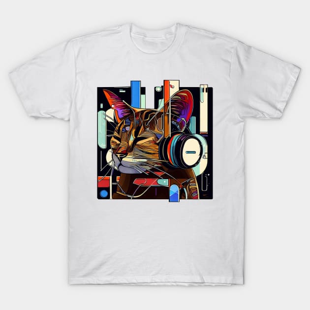 Music cute cat | Black, blue, and red T-Shirt by Horizon Line Apparel